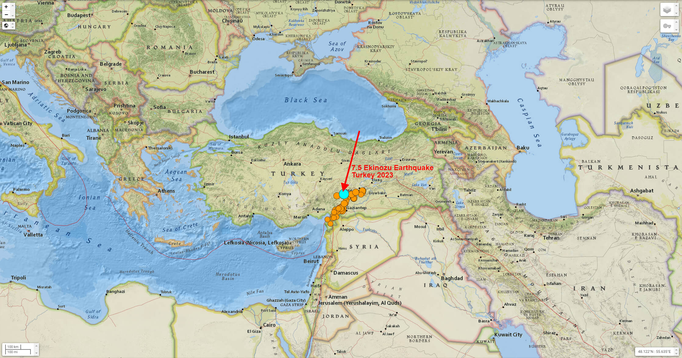2023 kahramanmaras turquie 7.5 séisme carte